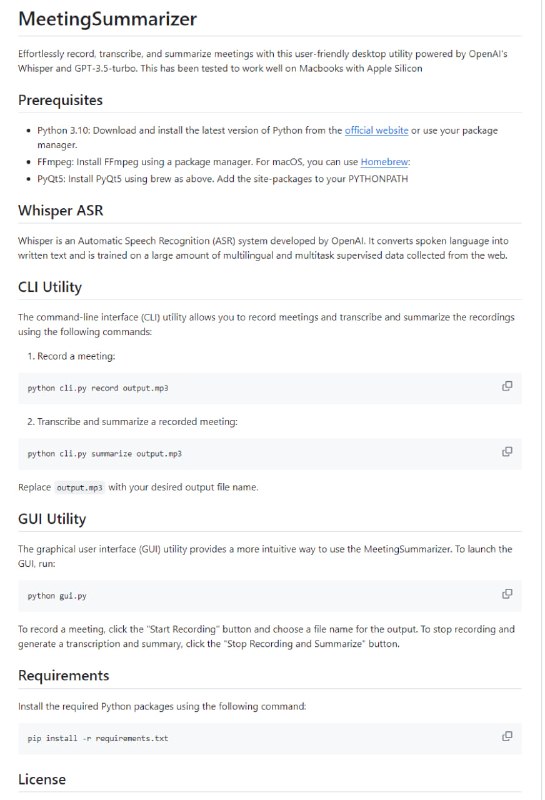 MeetingSummarizer：轻松记录、转录和总结会议，由OpenAI的Whisper和GPT-3.5-turbo驱动，CLI和GUI两种界面提供了不同的使用方式，用户可以使用命令行或图形界面来录制、转录和总结会议内容