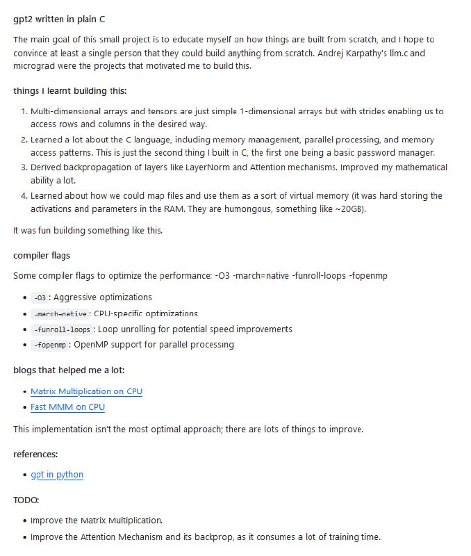 gpt in plain C：用纯C语言编写的GPT模型，旨在从零开始构建深度学习模型，教育开发者如何从底层构建复杂系统