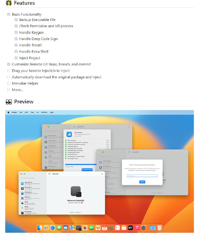 macOS集成注入框架（GUI版）：一个为macOS设计的集成应用程序注入工具，提供图形用户界面，简化了应用程序注入流程，支持多种注入功能和自定义设置InjectGUI | #工具