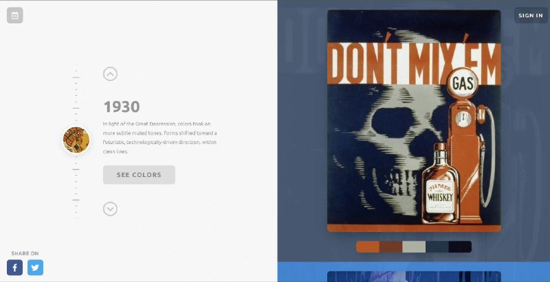 从历史和古典作品中提取的配色，一些富有时代特征的配色参考一个配色参考的网站，这个站点所有的配色都是从不同年代的经典作品中提取出来的，你甚至可以选择不同的时间段来找到你可能要的“年代感”，虽然色卡不多