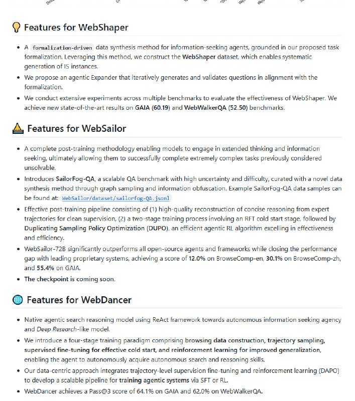 阿里发布的 WebAgent 系列，打造面向信息检索的多智能体生态，推动下一代自主信息寻求技术革新 | link核心产品：WebWalker（ACL 2025 论文）、WebDancer、WebSailor、WebShaper，覆盖从基准测试到复杂推理的全链路能力  • WebShaper：基于信息寻求任务形式化，提出数据合成新方法，刷新 GAIA（60.19）与 WebWalkerQA（52.50）等多个基准最高成绩  • WebSailor：创新后训练策略与强化学习（DUPO），突破超复杂信息检索任务，性能接近商业顶尖系统  • WebDancer：采用 ReAct 框架，构建原生自主搜索推理模型，融合轨迹级监督与强化学习，实现高效冷启动与泛化能力  • WebWalker：为大语言模型设计的 Web 遍历基准和多智能体框架，助力评测与提升网络信息寻求能力  • 生态配套：多阶段训练范式、丰富演示视频、多平台一键部署（含阿里云 FunctionAI），支持快速上手和深度研究  • 长期价值：系统化构建信息寻求代理模型，强调任务形式化与代理智能的内在结合，具备跨任务泛化和行业应用潜力阿里发布的 WebAgent 系列，打造面向信息检索的多智能体生态，推动下一代自主信息寻求技术革新 | link核心产品：WebWalker（ACL 2025 论文）、WebDancer、WebSailor、WebShaper，覆盖从基准测试到复杂推理的全链路能力  • WebShaper：基于信息寻求任务形式化，提出数据合成新方法，刷新 GAIA（60.19）与 WebWalkerQA（52.50）等多个基准最高成绩  • WebSailor：创新后训练策略与强化学习（DUPO），突破超复杂信息检索任务，性能接近商业顶尖系统  • WebDancer：采用 ReAct 框架，构建原生自主搜索推理模型，融合轨迹级监督与强化学习，实现高效冷启动与泛化能力  • WebWalker：为大语言模型设计的 Web 遍历基准和多智能体框架，助力评测与提升网络信息寻求能力  • 生态配套：多阶段训练范式、丰富演示视频、多平台一键部署（含阿里云 FunctionAI），支持快速上手和深度研究  • 长期价值：系统化构建信息寻求代理模型，强调任务形式化与代理智能的内在结合，具备跨任务泛化和行业应用潜力