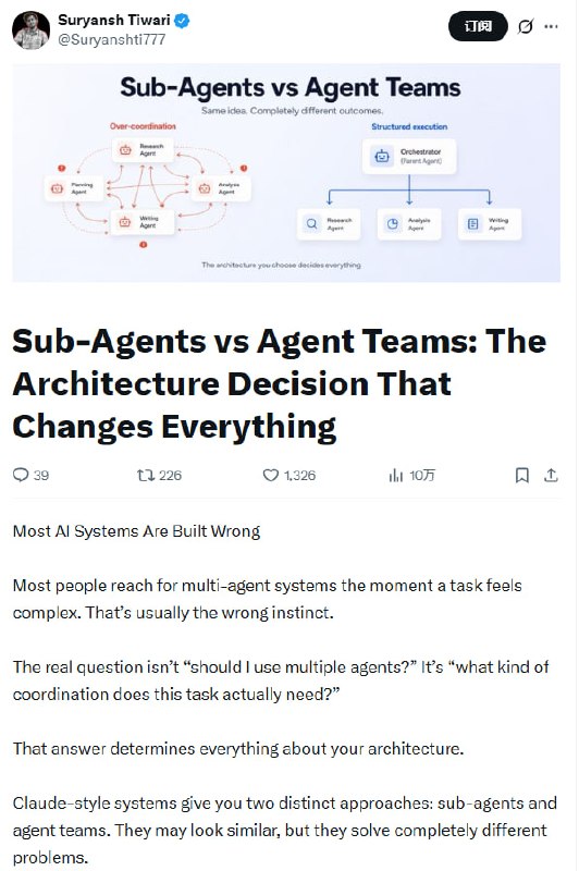 拆解 AI 协作逻辑：Sub-Agents 与 Agent Teams 核心差异 | 推文多数人面对复杂任务时会惯性地堆砌多个 Agent，这往往是错误的