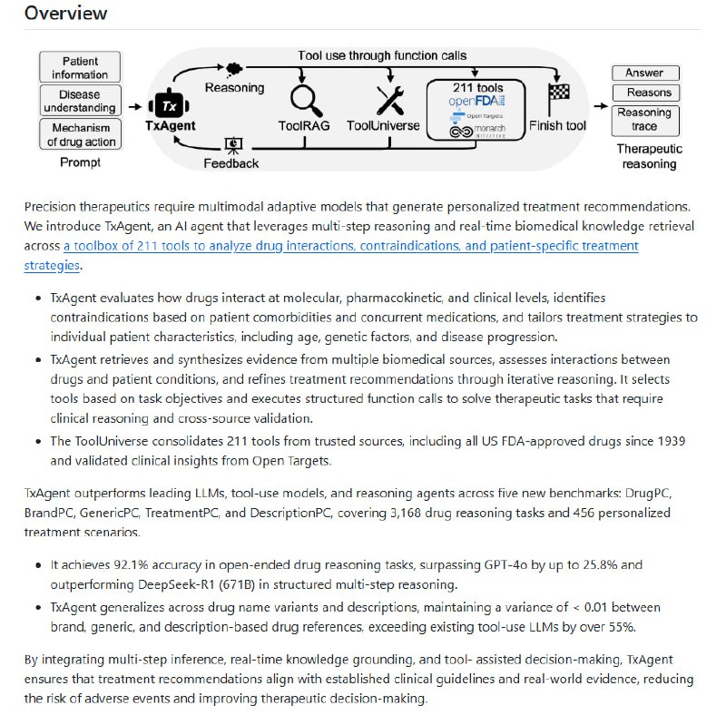 TxAgent：为精准医疗提供强大的AI治疗推理工具 | #工具跨211种工具进行多步推理，精准分析药物相互作用；在3168个药物推理任务中达到92.1%的准确率，超越GPT-4o；支持个性化治疗方案，综合患者年龄、基因和疾病进展