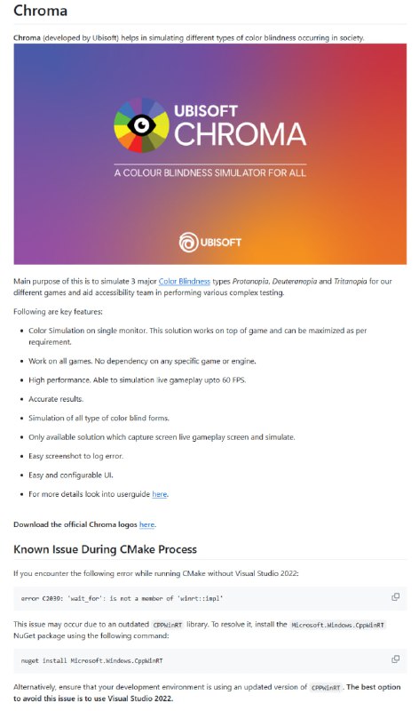 一款专为游戏开发设计的工具，帮助开发者实时检测游戏中的色盲相关问题模拟三种主要色盲类型（Protanopia、Deuteranopia、Tritanopia），覆盖99%的色盲人群；实时性能卓越，最高可达60 FPS；界面简单易用，支持快速截图记录问题Chroma | #工具