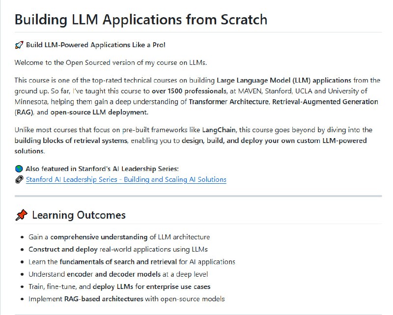 building-llm-applications-from-scratch：关于如何从头构建基于大型语言模型（LLM）应用程序的课程，涵盖了 Transformer 架构、检索增强生成（RAG）技术以及开源 LLM 部署的深入知识