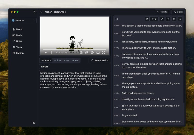 人工智能驱动的播客、视频转文本和字幕工具备忘录支持 macOS Silicon、macOS Intel、Windows