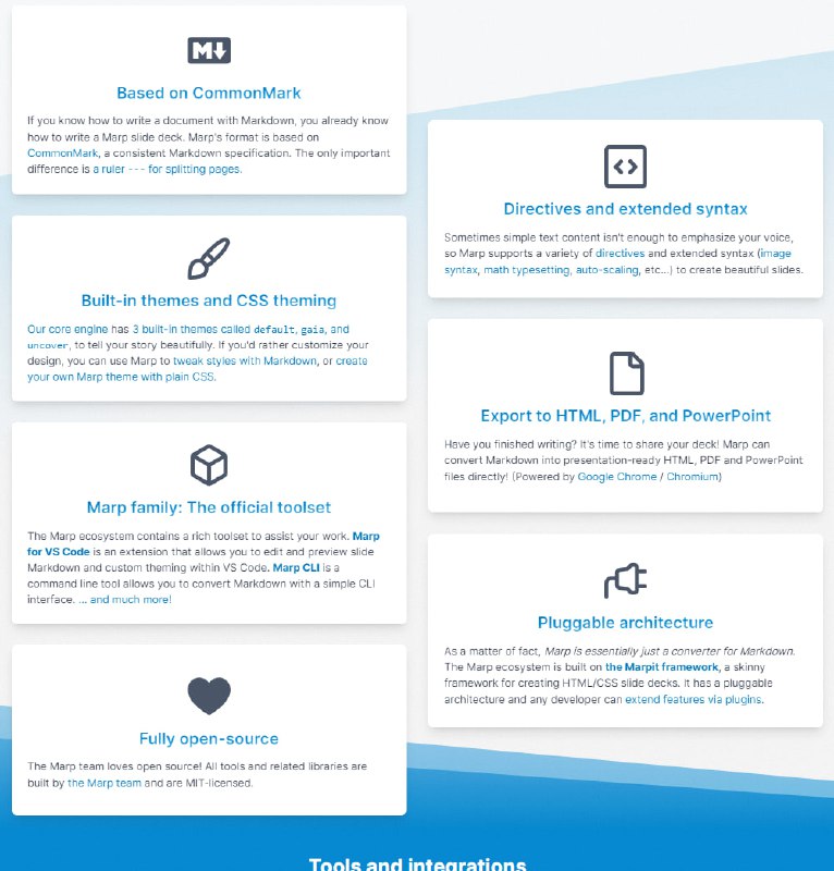 使用直观的 Markdown 体验创建漂亮的幻灯片Marp（也称为 Markdown 演示文稿生态系统）为创建漂亮的幻灯片提供了直观的体验官网 | GitHub使用直观的 Markdown 体验创建漂亮的幻灯片Marp（也称为 Markdown 演示文稿生态系统）为创建漂亮的幻灯片提供了直观的体验官网 | GitHub