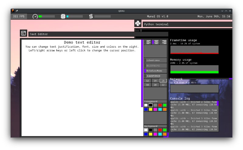 Munal OS：用Rust编写的实验性操作系统，采用unikernel设计和WASM沙箱安全模型完全图形界面，支持鼠标和键盘操作；内嵌多种应用，如支持HTTPS的网页浏览器、文本编辑器和Python终端；无传统中断和多核支持，采用单线程事件循环，性能可轻松监测Munal OS：用Rust编写的实验性操作系统，采用unikernel设计和WASM沙箱安全模型完全图形界面，支持鼠标和键盘操作；内嵌多种应用，如支持HTTPS的网页浏览器、文本编辑器和Python终端；无传统中断和多核支持，采用单线程事件循环，性能可轻松监测