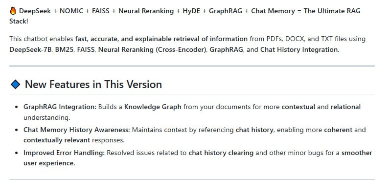DeepSeek-RAG-Chatbot：一款完全免费、本地运行（无需联网）的高级RAG架构聊天机器人