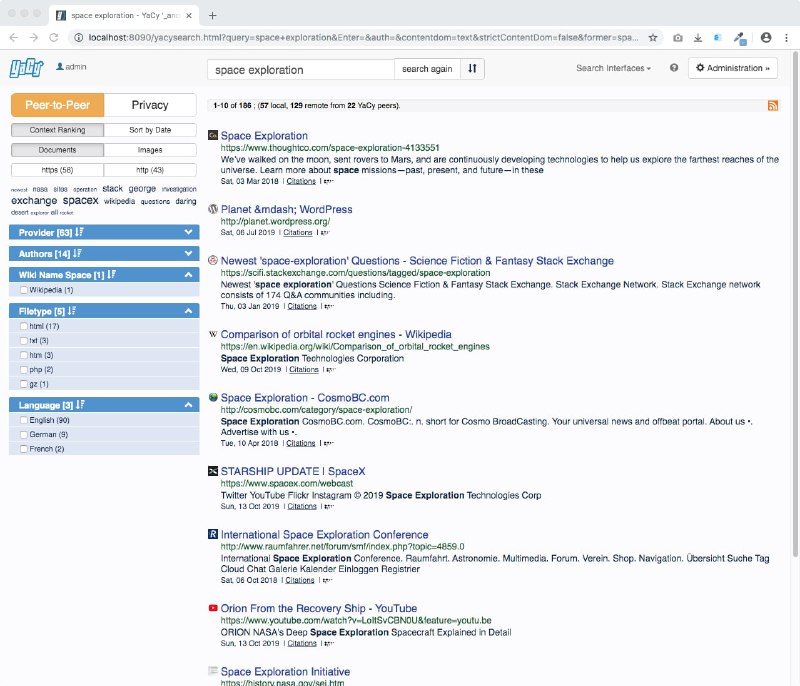 YaCy搜索引擎软件提供来自独立对等网络而不是中央服务器的结果
