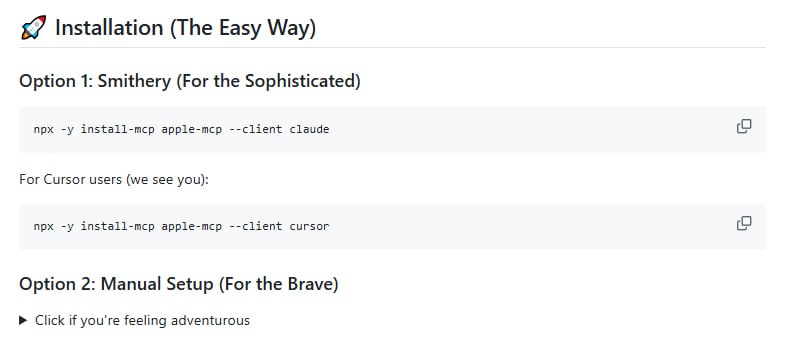 Apple MCP 是一套集成 Apple 原生应用的模型上下文协议工具，让你的 Mac 不仅仅是“好看”，还能变成 AI 助手，帮你自动完成各种日常任务