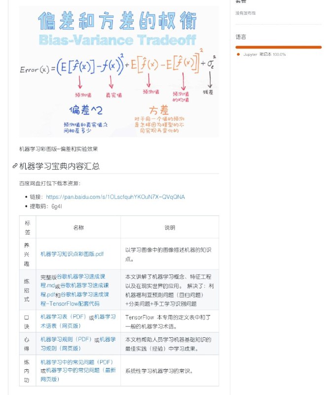 《机器学习宝典》包含：谷歌机器学习速成课程（招式）+机器学习术语表（口诀）+机器学习规则（心得）+机器学习中的常识性问题（内功）该资源适用于机器学习、深度学习研究人员和爱好者参考！其中《机器学习知识点彩图版.pdf》以生动形象的图片描述机器学习中的知识点
