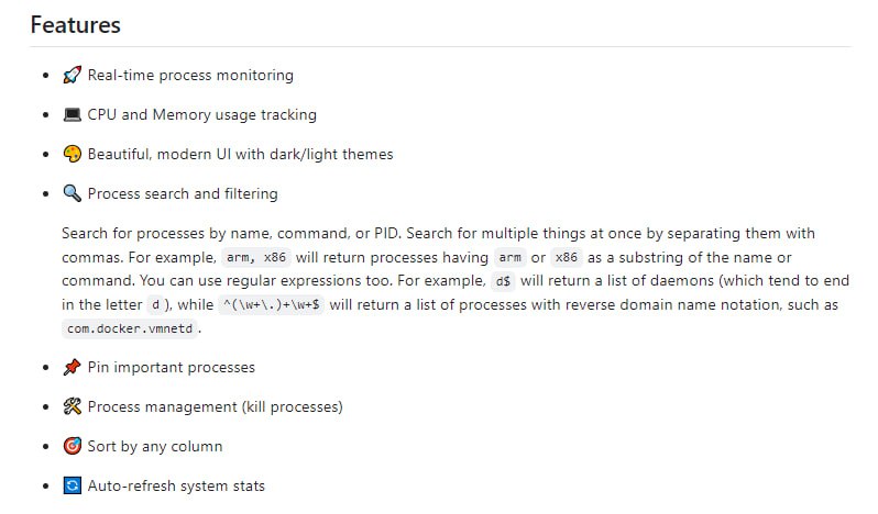 基于 Svelte、Rust 和 Tauri 构建的现代、跨平台系统监视工具，它可以被视为增强版的 htop，提供了实时进程监控、CPU 和内存使用追踪、美观的现代 UI、进程搜索和过滤、固定重要进程、进程管理、列排序等功能NeoHtop | #工具基于 Svelte、Rust 和 Tauri 构建的现代、跨平台系统监视工具，它可以被视为增强版的 htop，提供了实时进程监控、CPU 和内存使用追踪、美观的现代 UI、进程搜索和过滤、固定重要进程、进程管理、列排序等功能NeoHtop | #工具