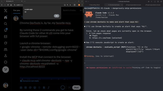 Chrome DevTools 搭配 Claude MCP：打造最强浏览器自动化利器！Maxime Rivest 分享了用两条命令让 Claude Code 完美接入浏览器的秘诀：| 推文1️⃣ 启动 Chrome 浏览器（自定义用户数据目录，避免使用默认配置，保持登录状态）  google-chrome --remote-debugging-port=9222 --user-data-dir=