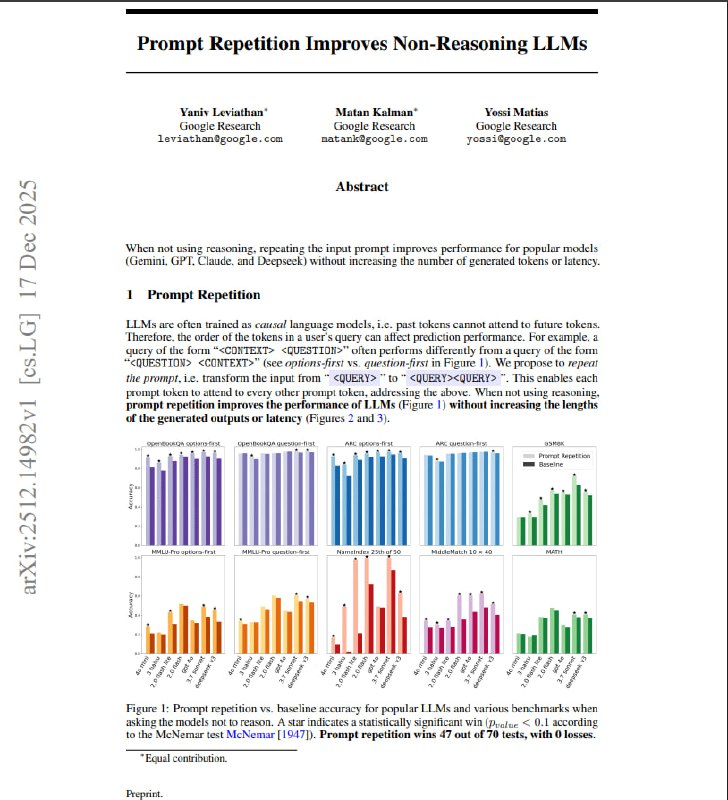 Google Research 最新研究揭示了一个简单到令人意外的技巧：在不启用推理模式时，把你的提示词原封不动重复一遍，大模型的表现就能显著提升