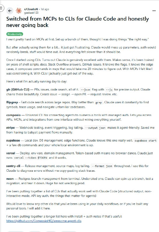 放弃MCP，拥抱CLI：我如何让Claude的编码效率翻倍 | 帖子在与AI协作编码时，命令行工具（CLI）通常优于为AI定制的接口（MCP）