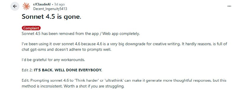 从五星大餐到发霉面包：一次AI模型“升级”引发的集体暴怒 | 帖子Anthropic的AI模型Claude Sonnet 4.5突然从应用中消失，引发用户集体暴怒