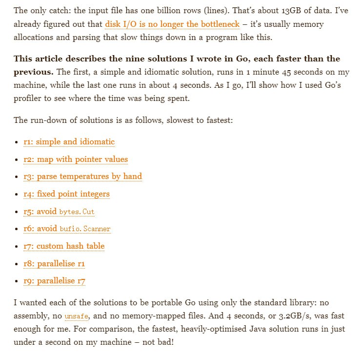 Go 中的 10 亿行挑战：九种解决方案“十亿行挑战”指是一个十亿行的文本文件，每一行的格式为气象站名称和温度，要计算每个气象站的温度最大值、最小值、平均值