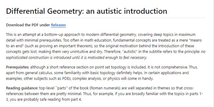 Differential Geometry: an autistic introduction-数学几何自学宝：一本开源的数学书籍，深入浅出地介绍基础拓扑、光滑流形、微分几何、李理论、同调代数和指数理论，特别适合自学者和数学爱好者Differential Geometry: an autistic introduction-数学几何自学宝：一本开源的数学书籍，深入浅出地介绍基础拓扑、光滑流形、微分几何、李理论、同调代数和指数理论，特别适合自学者和数学爱好者