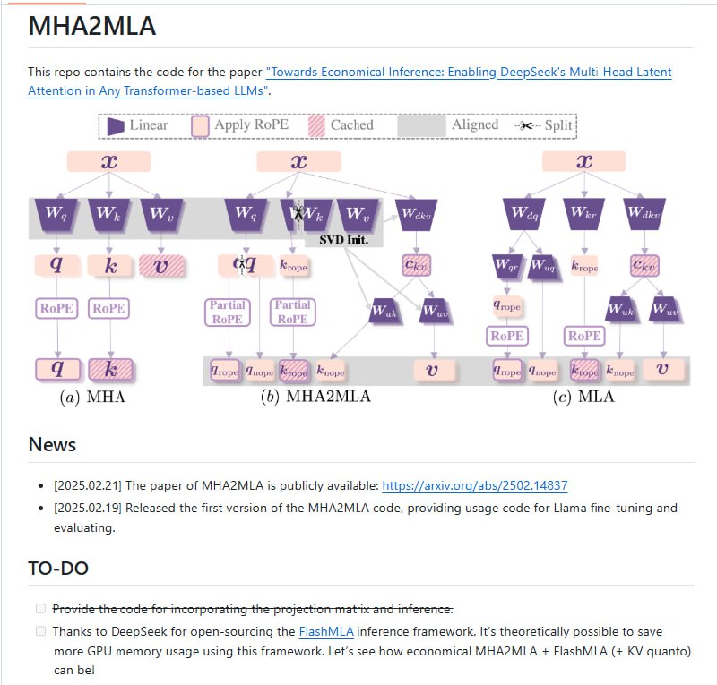 MHA2MLA：旨在通过实现 DeepSeek 的多头潜在注意力机制（MLA），使任何基于 Transformer 的大型语言模型（LLM）的推理过程更加经济高效