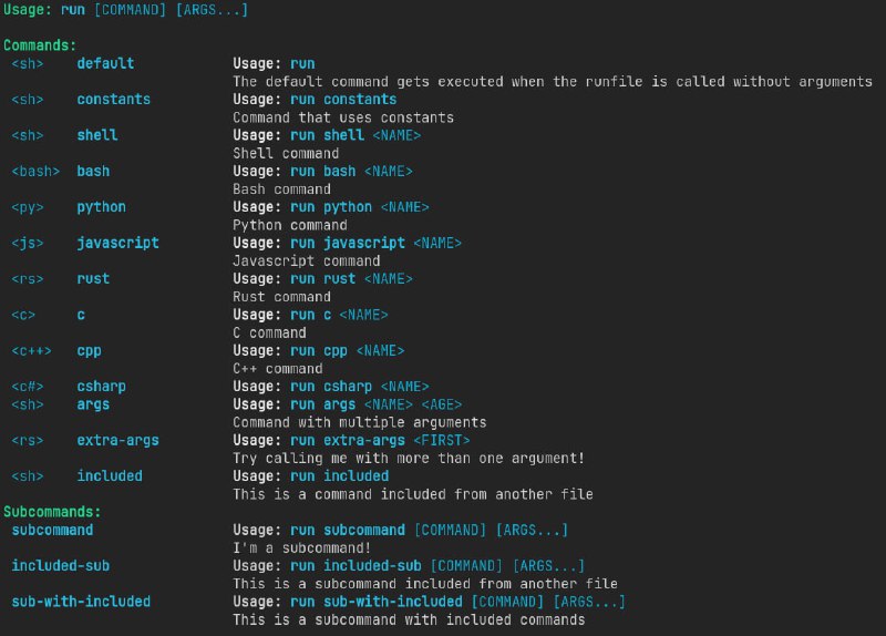 run：允许用户在多种编程语言中运行命令，并支持混合使用这些语言