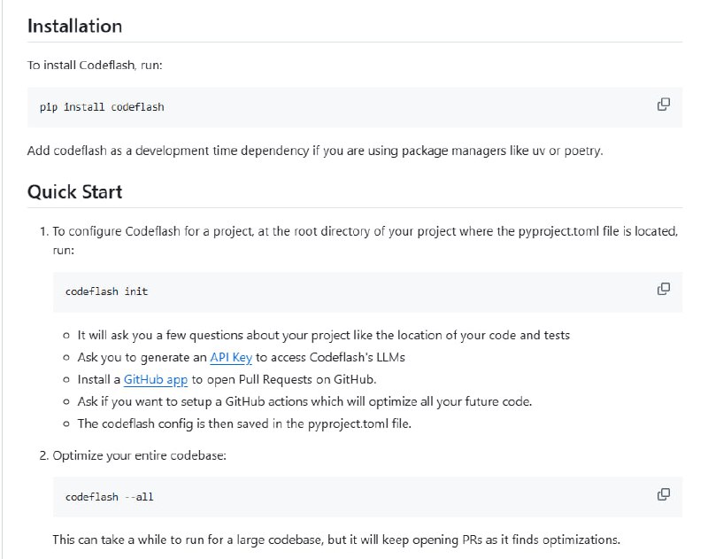 Codeflash：用AI自动优化你的Python代码，让性能提升不再难一键优化整个代码库，轻松搞定性能瓶颈；自动生成优化后的Pull Request，方便团队协作；支持多种Python项目，优化效果显著Codeflash：用AI自动优化你的Python代码，让性能提升不再难一键优化整个代码库，轻松搞定性能瓶颈；自动生成优化后的Pull Request，方便团队协作；支持多种Python项目，优化效果显著
