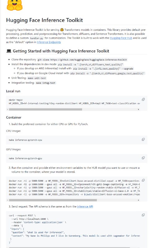 Hugging Face 推理工具包：用于部署和提供transformer、句子transformer和扩散模型的推理服务，支持自定义处理流程，适用于多种推理平台和云服务环境
