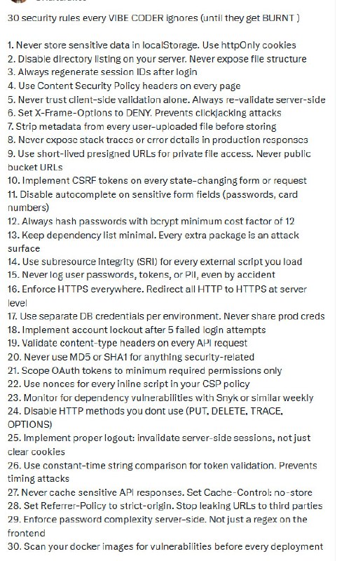 30条安全规则：“凭感觉编程”的时代结束了 | 帖子一篇热帖列出了30条开发者为追求速度而忽略的安全规则，引发了程序员的集体共鸣与恐慌