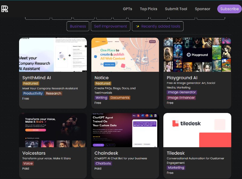 Rundown整理的AI工具库，汇集了众多优秀的AI工具，将其分类整理到不同的项目和应用场景中，包括社交媒体，视频，语音生成，教育，创作写作等领域，提供了很多强大免费的AI工具供用户选择 | #工具