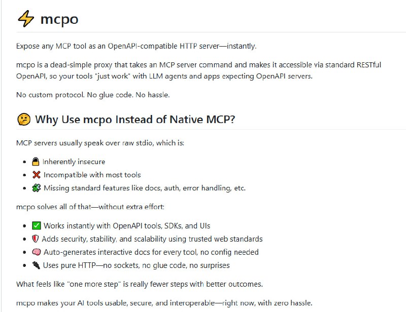 open-webui/mcpo：一个简单、安全的MCP到OpenAPI代理服务器，让任何MCP工具瞬间变成兼容OpenAPI的HTTP服务器