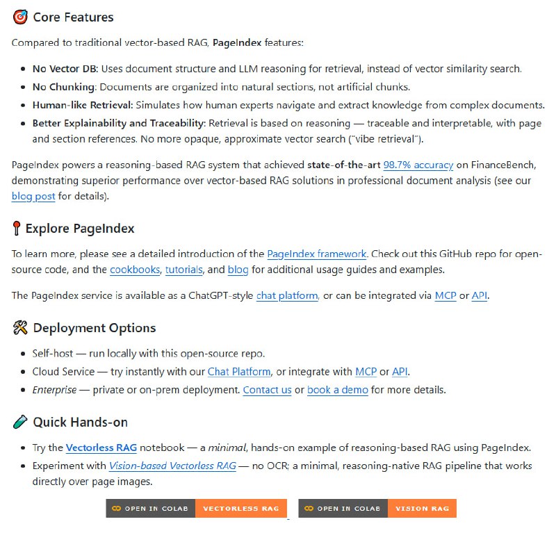 向量数据库被颠覆？一个无需嵌入的RAG新思路 | github最近开源社区出现了一个有意思的项目PageIndex，它提出了一种完全不同的RAG实现路径：用文档树结构替代传统的向量嵌入，在FinanceBench基准测试上达到了98.7%的准确率
