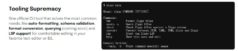 Ziggy：面向清晰表达 API 消息与配置文件的全新数据序列化语言  • 支持丰富数据类型：Bytes、数字（十进制、十六进制、八进制、二进制）、布尔值、Null、自定义字面量（如日期、版本号）、数组、结构体、映射等，兼顾灵活与严谨