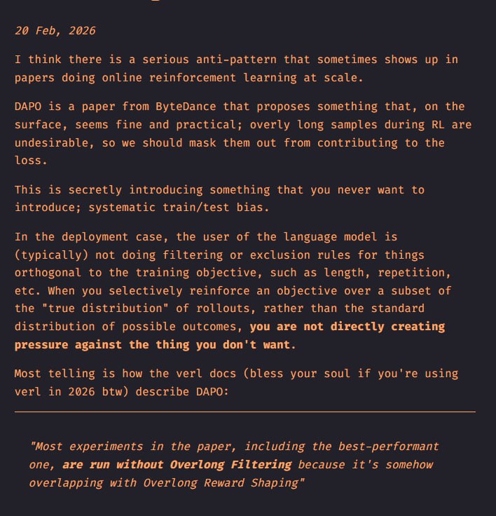 Don't Exclude Rollouts From Your RL Training Runs 一篇由开发者 Kalomaze 撰写的技术博文，针对大模型的强化学习提出了一个反直觉的观点：在构建用于训练推理模型的数据集时，不应随意剔除或清洗掉那些包含“试错、自我修正、甚至死胡同”的长思维链（RL Rollouts）