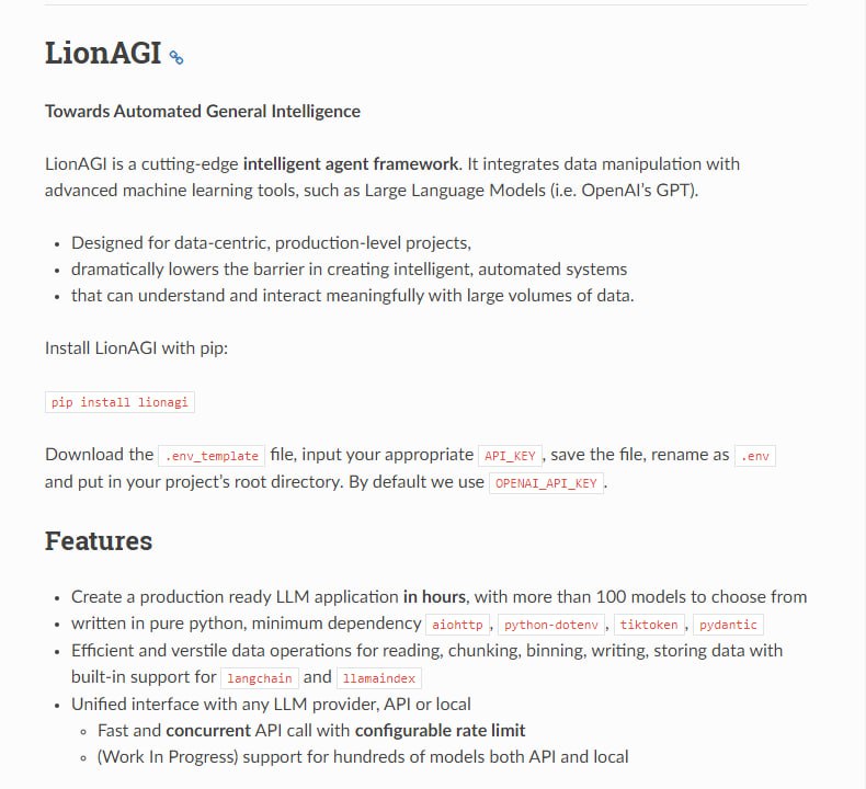 先进的智能agent框架，集成了数据处理和先进的机器学习工具，如大型语言模型(如OpenAI的GPT)，专为以数据为中心的生产级项目设计，大大降低了创建能够理解和与大量数据进行有意义交互的智能自动化系统的门槛LionAGI | #框架