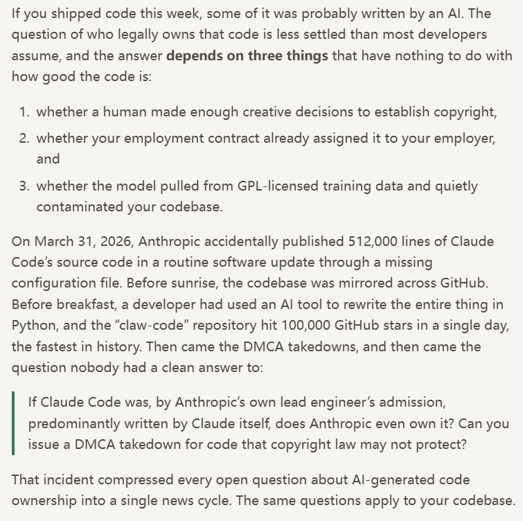 AI 写的代码无版权？所有权与法律责任千万别混淆 | blog如果你正在使用 Claude Code 或 Cursor 编写代码，请意识到：你交付的产品可能根本不受版权保护，或者正潜伏着开源协议违规的风险