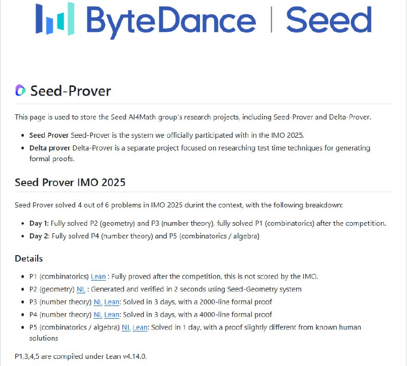 字节跳动 Seed 团队发布 Seed-Prover，聚焦数学自动定理证明的前沿突破：• Seed-Prover 是团队参与 IMO 2025 国际数学奥林匹克的官方系统，成功解决 4 道难题（P2 几何、P3 数论、P4 数论、P5 组合/代数），展示了 AI 在严谨数学证明中的实用性和高效性