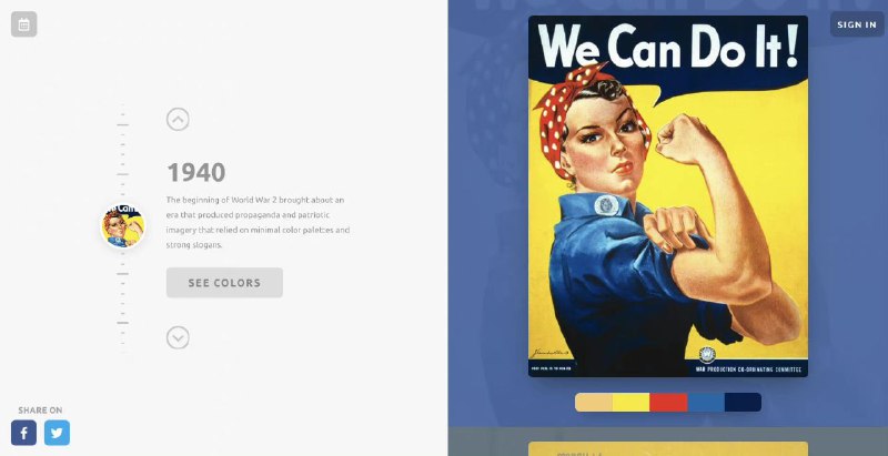 从历史和古典作品中提取的配色，一些富有时代特征的配色参考一个配色参考的网站，这个站点所有的配色都是从不同年代的经典作品中提取出来的，你甚至可以选择不同的时间段来找到你可能要的“年代感”，虽然色卡不多