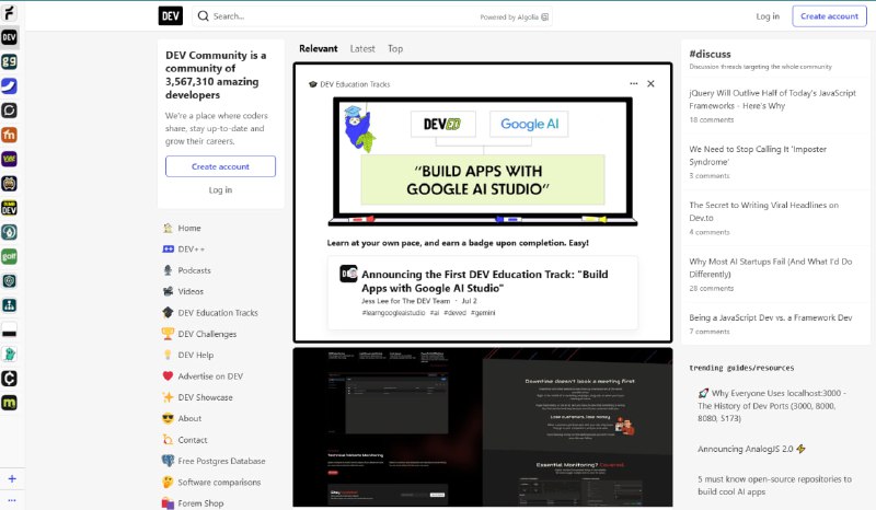 国外技术社区 dev 社区和国内的掘金社区很相似，技术分类也比较多，像 Java、Python、js、分布式等应有尽有，文章质量普遍都还不错，其实如果平时多留意不难发现，掘金上有一些文章是翻译自 dev社区
