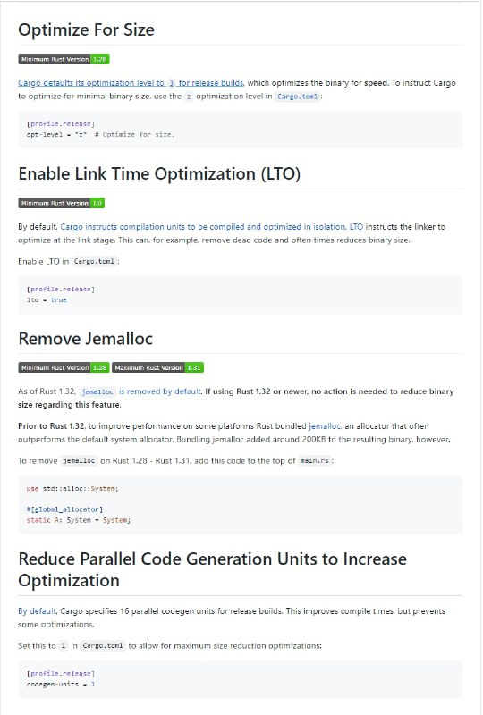 min-sized-rust 这个 repo 演示了如何最小化 Rust 二进制文件的大小