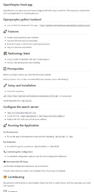 OpenPerplex前端应用：开源AI搜索引擎的前端界面，采用Vue.js 3和Vite构建，提供现代响应式用户界面和快速高效的搜索功能，易于定制和扩展