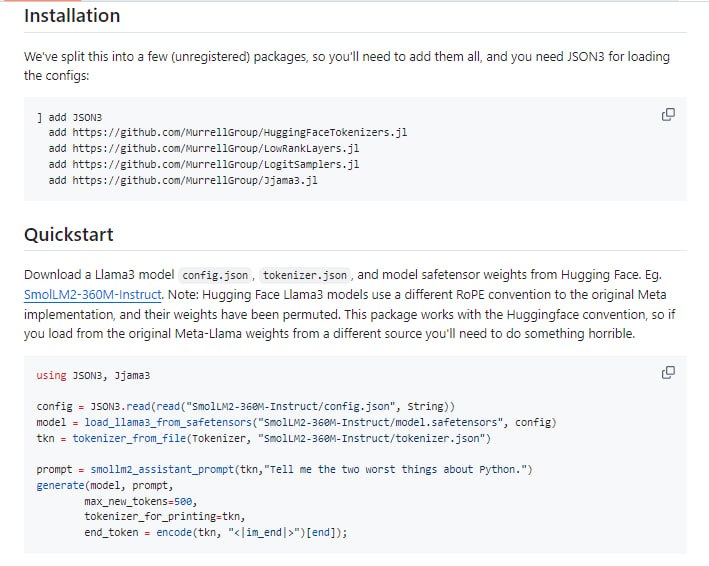 用Julia语言编写的可定制化Llama3.1和Llama3.2文本模型工具，支持模型训练和生成文本，具有高性能和灵活性Jjama3 | #工具用Julia语言编写的可定制化Llama3.1和Llama3.2文本模型工具，支持模型训练和生成文本，具有高性能和灵活性Jjama3 | #工具