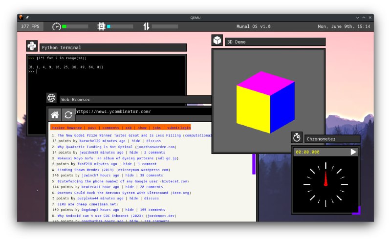 Munal OS：用Rust编写的实验性操作系统，采用unikernel设计和WASM沙箱安全模型完全图形界面，支持鼠标和键盘操作；内嵌多种应用，如支持HTTPS的网页浏览器、文本编辑器和Python终端；无传统中断和多核支持，采用单线程事件循环，性能可轻松监测Munal OS：用Rust编写的实验性操作系统，采用unikernel设计和WASM沙箱安全模型完全图形界面，支持鼠标和键盘操作；内嵌多种应用，如支持HTTPS的网页浏览器、文本编辑器和Python终端；无传统中断和多核支持，采用单线程事件循环，性能可轻松监测