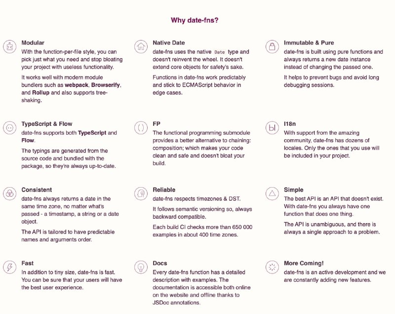 date-fns提供了最全面、但简单且一致的工具集，用于在浏览器和Node.js 中操作JavaScript 日期
