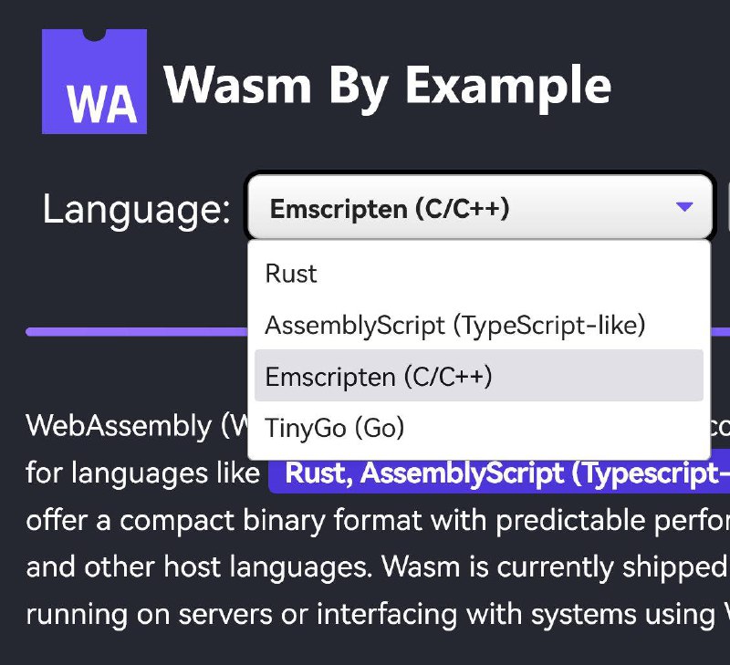 Wasm By Example这是一个简洁而实用的WebAssembly介绍，使用代码片段和带注释的WebAssembly示例程序
