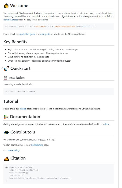 用于神经网络高效训练的数据流库(PyTorch)Streaming是一个与PyTorch兼容的数据集，它允许用户从基于云的对象存储中流式传输培训数据