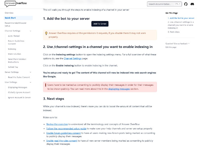 AnswerOverflow：将 Discord 帮助频道问题编入 Google 索引 | 文档 | 主页