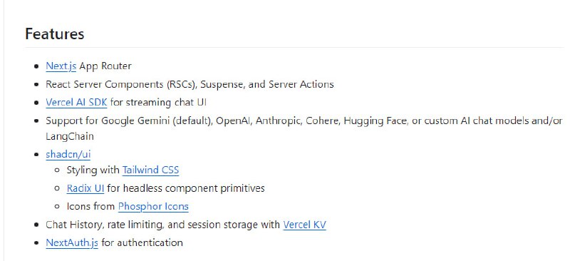 Next.js AI Chatbot：由 Vercel 和 Next.js 团队成员构建的生成式 UI 聊天机器人模板，基于 Vercel AI SDK 和 Google GeminiNext.js AI Chatbot：由 Vercel 和 Next.js 团队成员构建的生成式 UI 聊天机器人模板，基于 Vercel AI SDK 和 Google Gemini