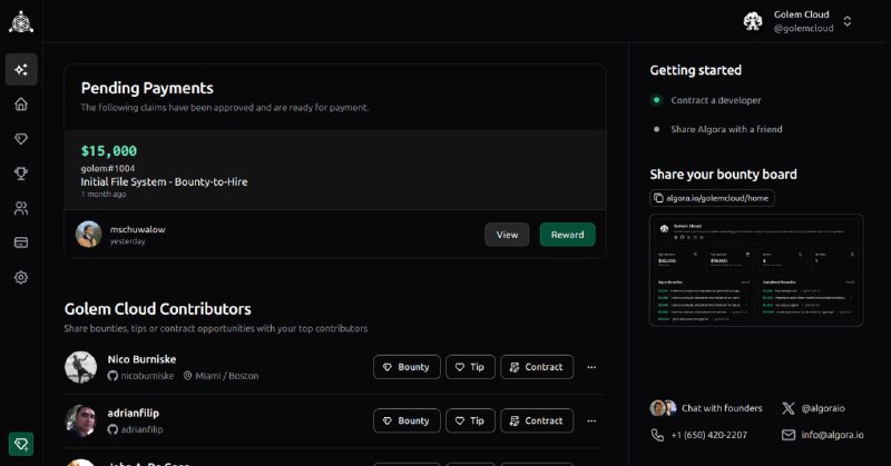 顶尖1%开源工程师招聘平台Algora，重塑技术招聘流程：• 集成Web应用 + GitHub App + 支付处理，覆盖职位发布、合同管理、赏金激励及合规支付  • 自动展示开发者顶尖OSS贡献，招聘方可基于开源表现自动筛选和排名候选人  • 支持全职与合同制岗位匹配，结合技术栈、预算、地理位置实现智能匹配  • 赏金机制助力OSS社区与闭源团队激励贡献者，合同管理实现基于成果的支付  • 支持面试环节通过赏金任务验证候选人真实能力，贡献优先入职提升团队效率  • 未来支持多平台集成（GitLab、Linear等）、多支付方式（支付宝、Wise、加密货币）和多端客户端（移动、桌面、CLI）  • 开源自托管，灵活满足不同团队需求，技术栈基于Elixir/Phoenix，易上手且高性能顶尖1%开源工程师招聘平台Algora，重塑技术招聘流程：• 集成Web应用 + GitHub App + 支付处理，覆盖职位发布、合同管理、赏金激励及合规支付  • 自动展示开发者顶尖OSS贡献，招聘方可基于开源表现自动筛选和排名候选人  • 支持全职与合同制岗位匹配，结合技术栈、预算、地理位置实现智能匹配  • 赏金机制助力OSS社区与闭源团队激励贡献者，合同管理实现基于成果的支付  • 支持面试环节通过赏金任务验证候选人真实能力，贡献优先入职提升团队效率  • 未来支持多平台集成（GitLab、Linear等）、多支付方式（支付宝、Wise、加密货币）和多端客户端（移动、桌面、CLI）  • 开源自托管，灵活满足不同团队需求，技术栈基于Elixir/Phoenix，易上手且高性能
