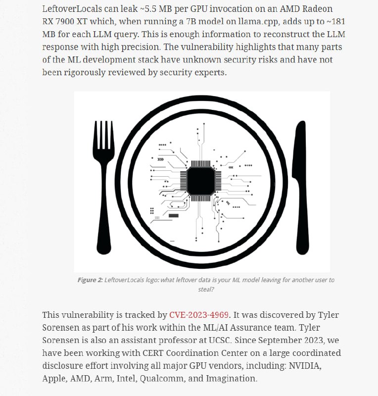 LeftoverLocals：通过GPU本地内存泄漏监听LLM响应研究人员发现了一种新的GPU漏洞LeftoverLocals，通过该漏洞攻击者可以读取其他进程中的GPU本地内存数据
