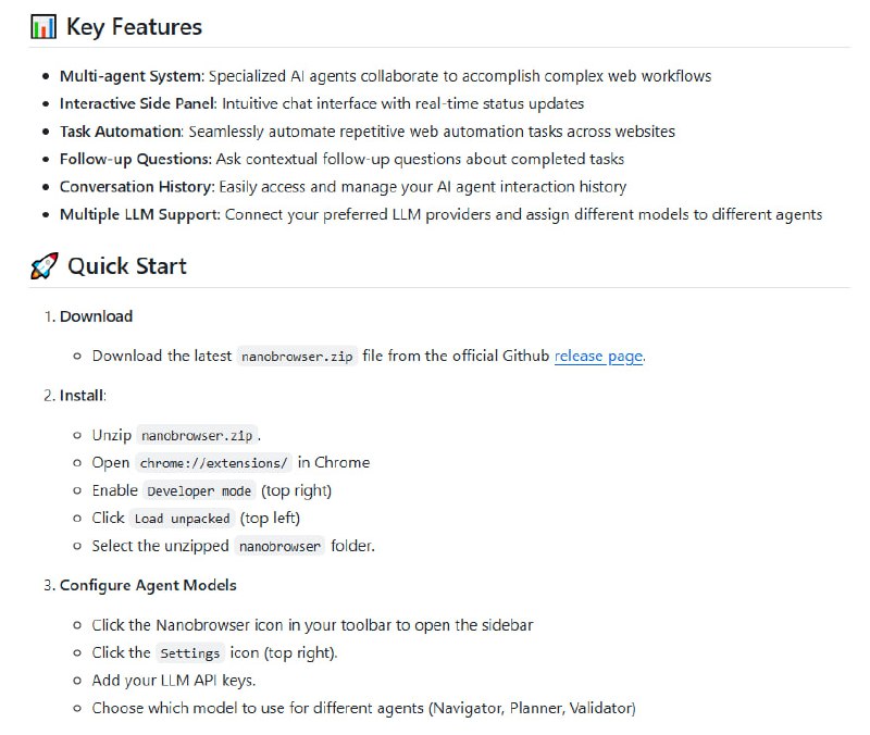 开源的 Chrome 扩展程序，用于 AI 驱动的网页自动化，支持使用自己的大型语言模型 (LLM) API 密钥运行多智能体工作流程，是 OpenAI Operator 的一个替代品